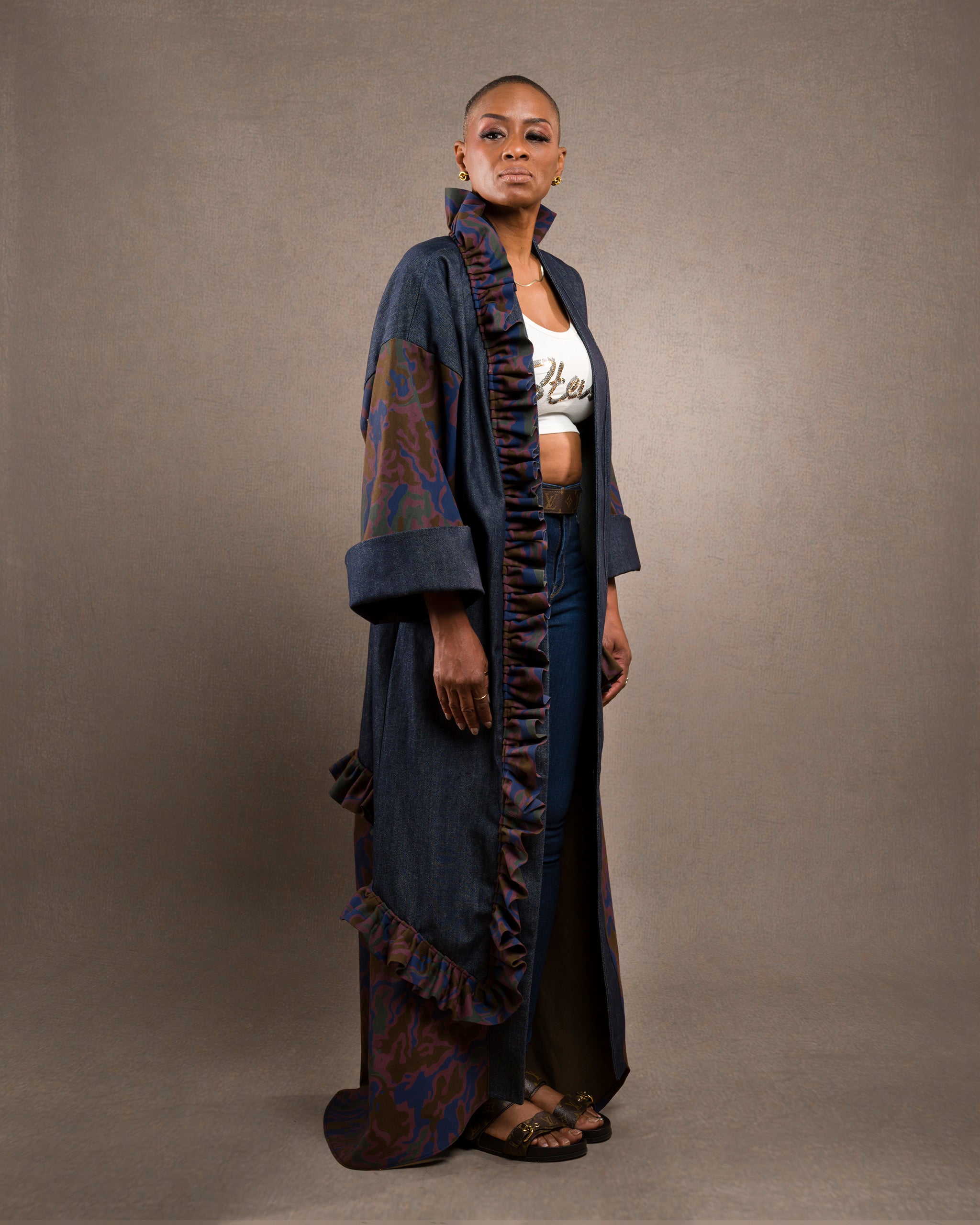 Ruffle Denim/Camo Kimono (One Size Fits All)