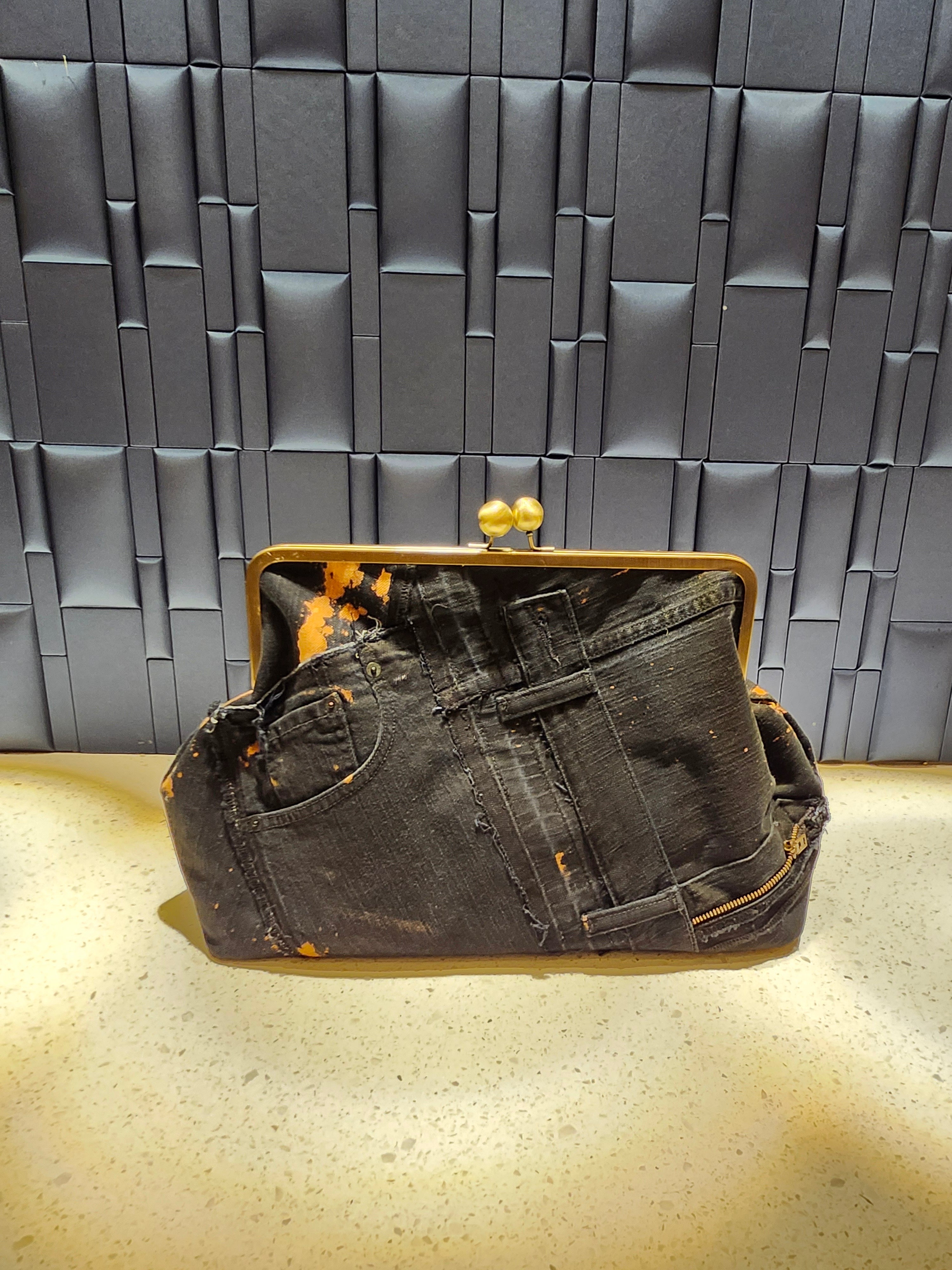 BLACK  SPLAT Denim Kiss-Lock Clutch - XL   AVAILABLE