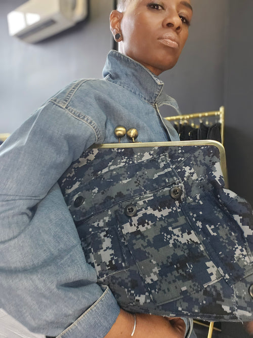 Authentic Blue Camo Lock Kiss Clutch - XL    AVAILABLE