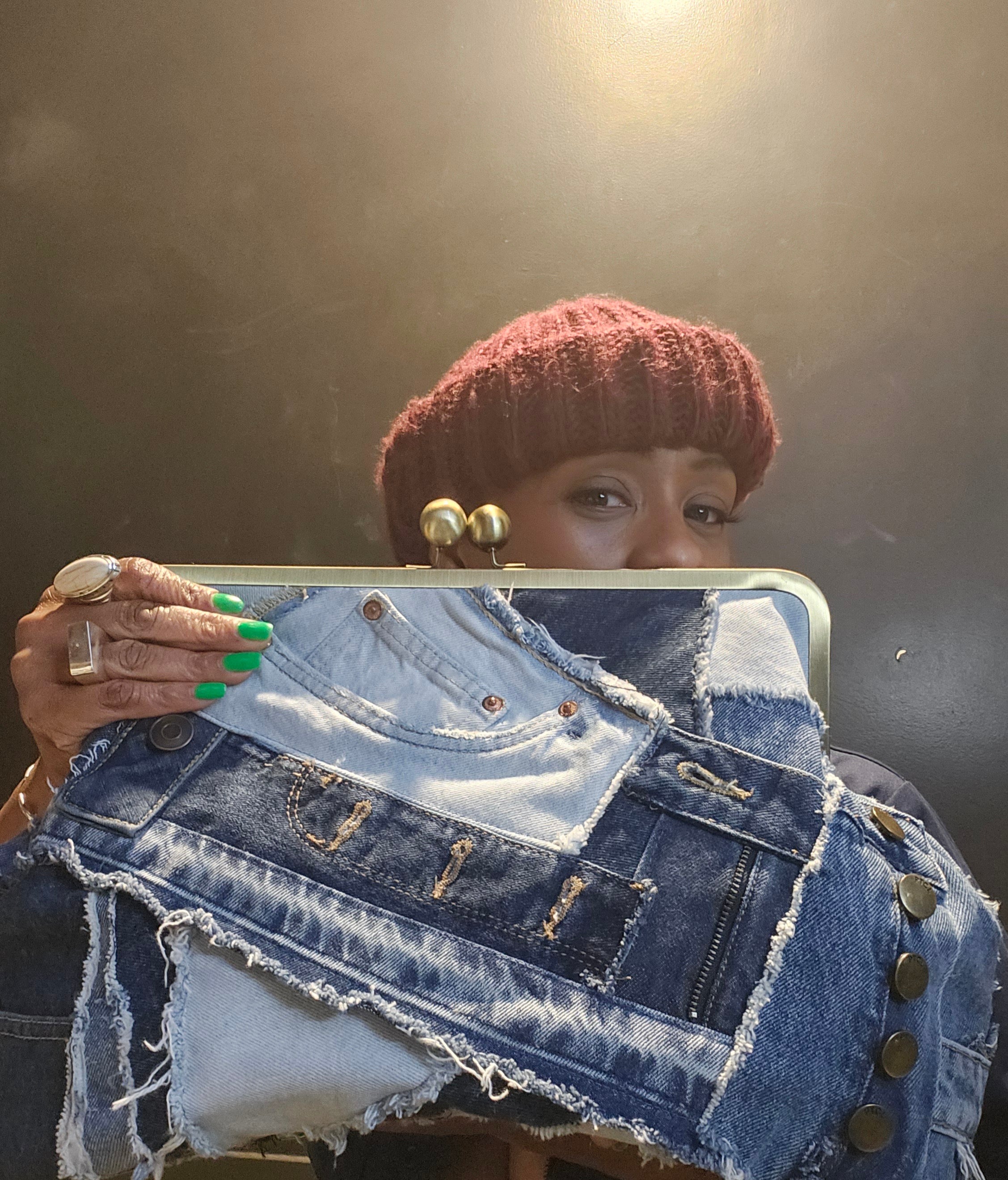 Patchwork Denim Lock Kiss Clutch - XL   PRE-ORDER