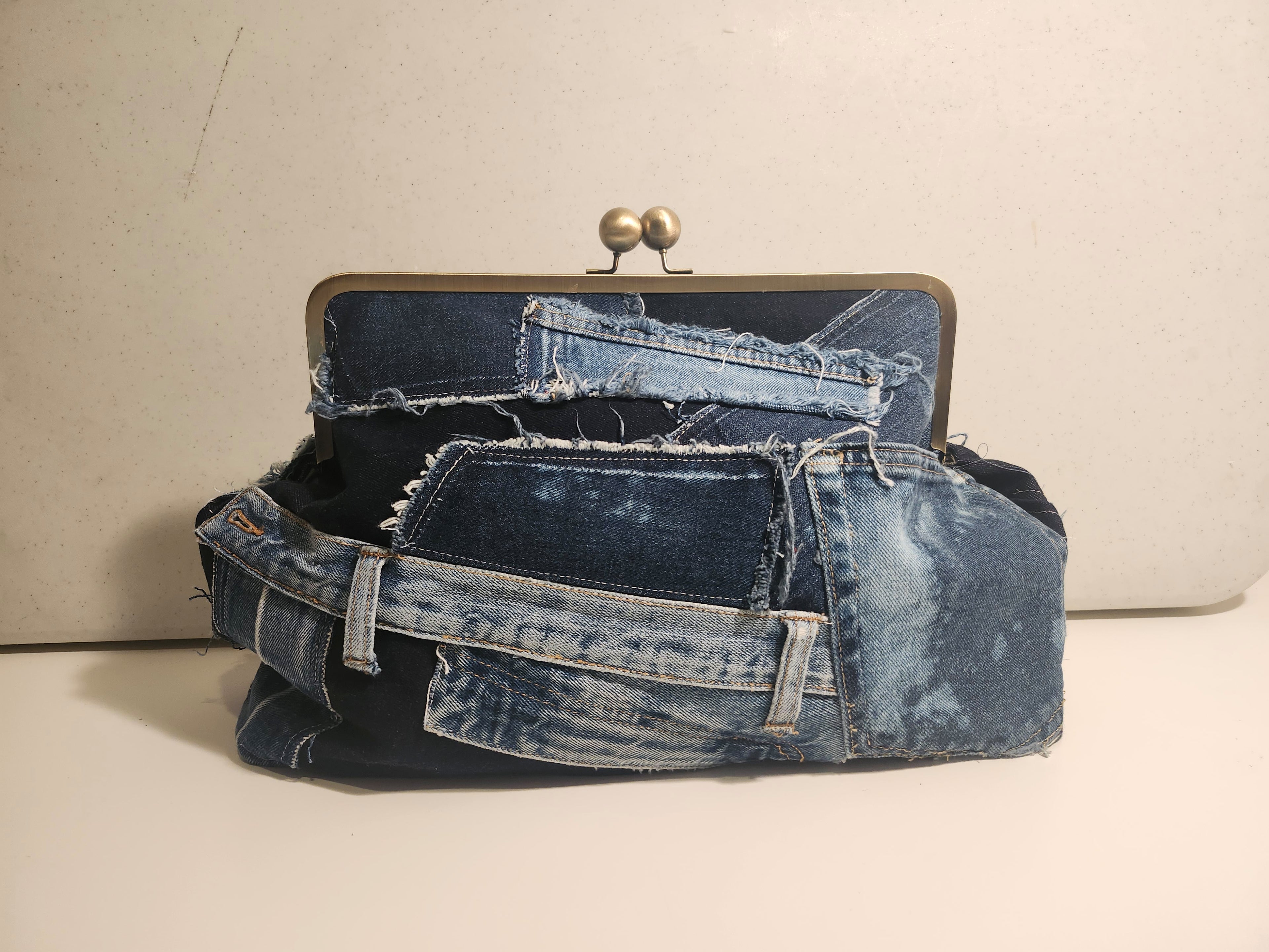 Patchwork Denim Lock Kiss Clutch - XL   PRE-ORDER