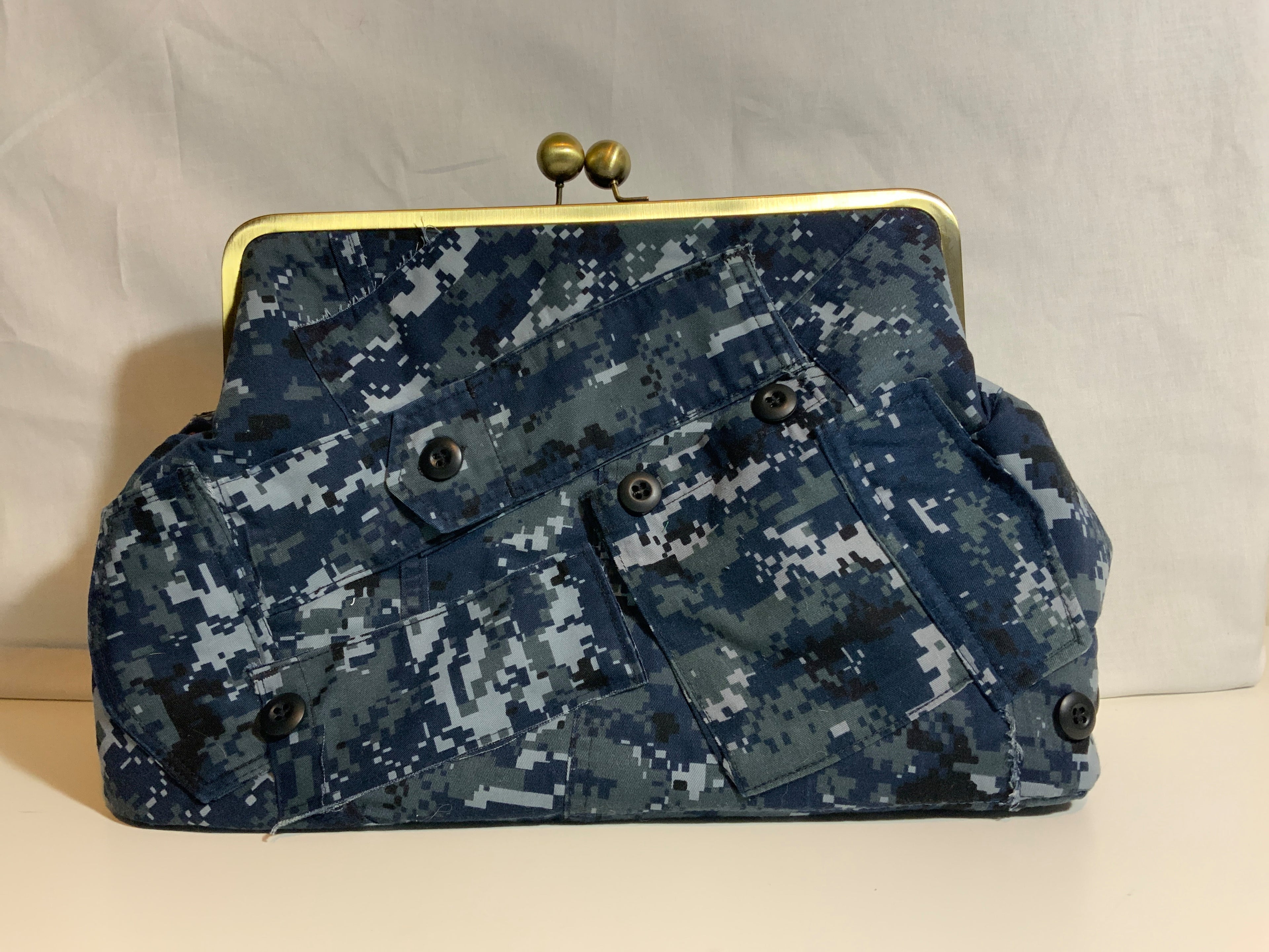 Authentic Blue Camo Lock Kiss Clutch - XL    AVAILABLE