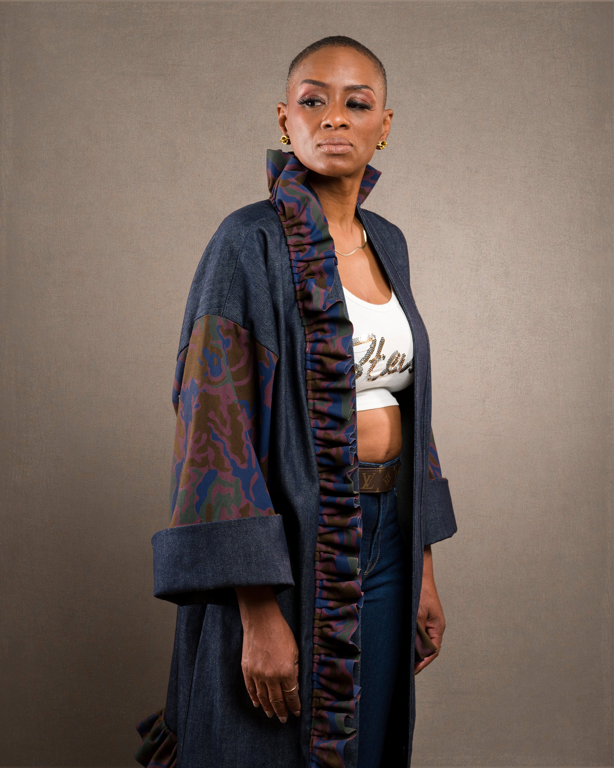 Ruffle Denim/Camo Kimono (One Size Fits All)